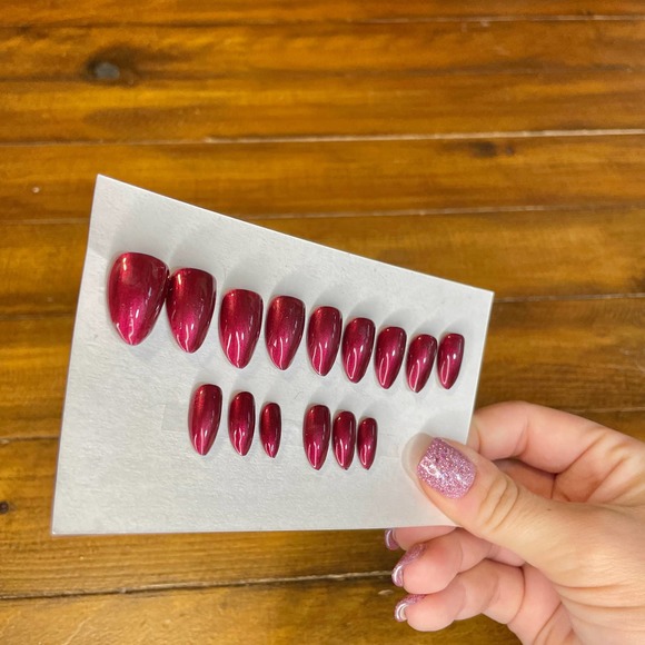 Red Shimmer Polished & Glazed Nails | Short Almond Press On Nails | Winter Mani - Picture 2 of 11